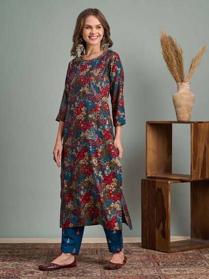 Abstract Floral Foil Printed Straight Fit Kurta - Multi