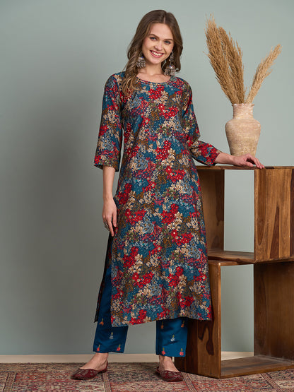 Abstract Floral Foil Printed Straight Fit Kurta - Multi