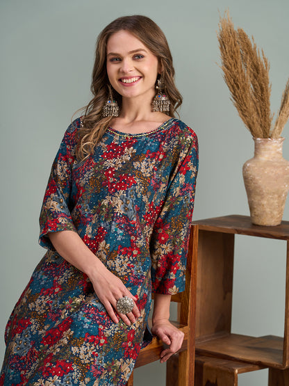 Abstract Floral Foil Printed Straight Fit Kurta - Multi