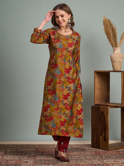 Abstract Floral Foil Printed Straight Fit Kurta - Multi