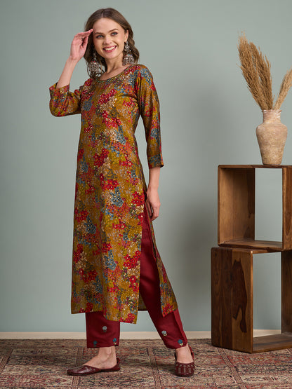 Abstract Floral Foil Printed Straight Fit Kurta - Multi