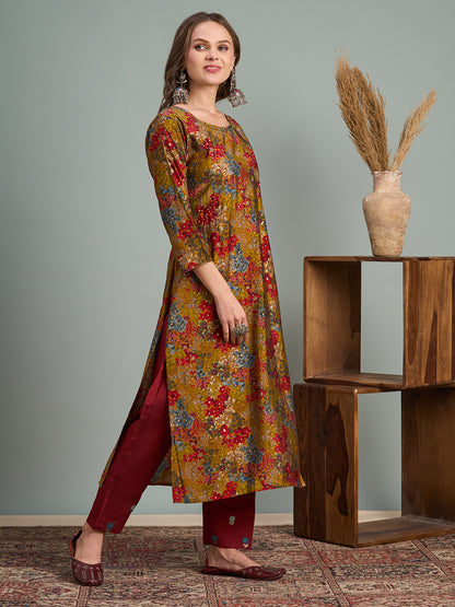 Abstract Floral Foil Printed Straight Fit Kurta - Multi