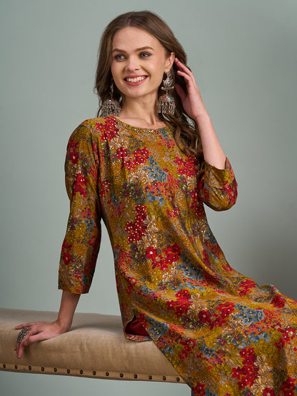 Abstract Floral Foil Printed Straight Fit Kurta - Multi