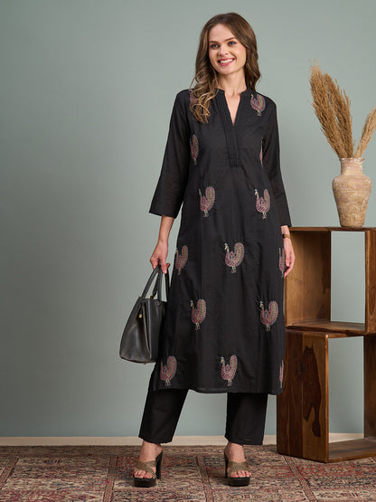 Solid Peacock Embroidered A-Line Flared Kurta with Pant - Black