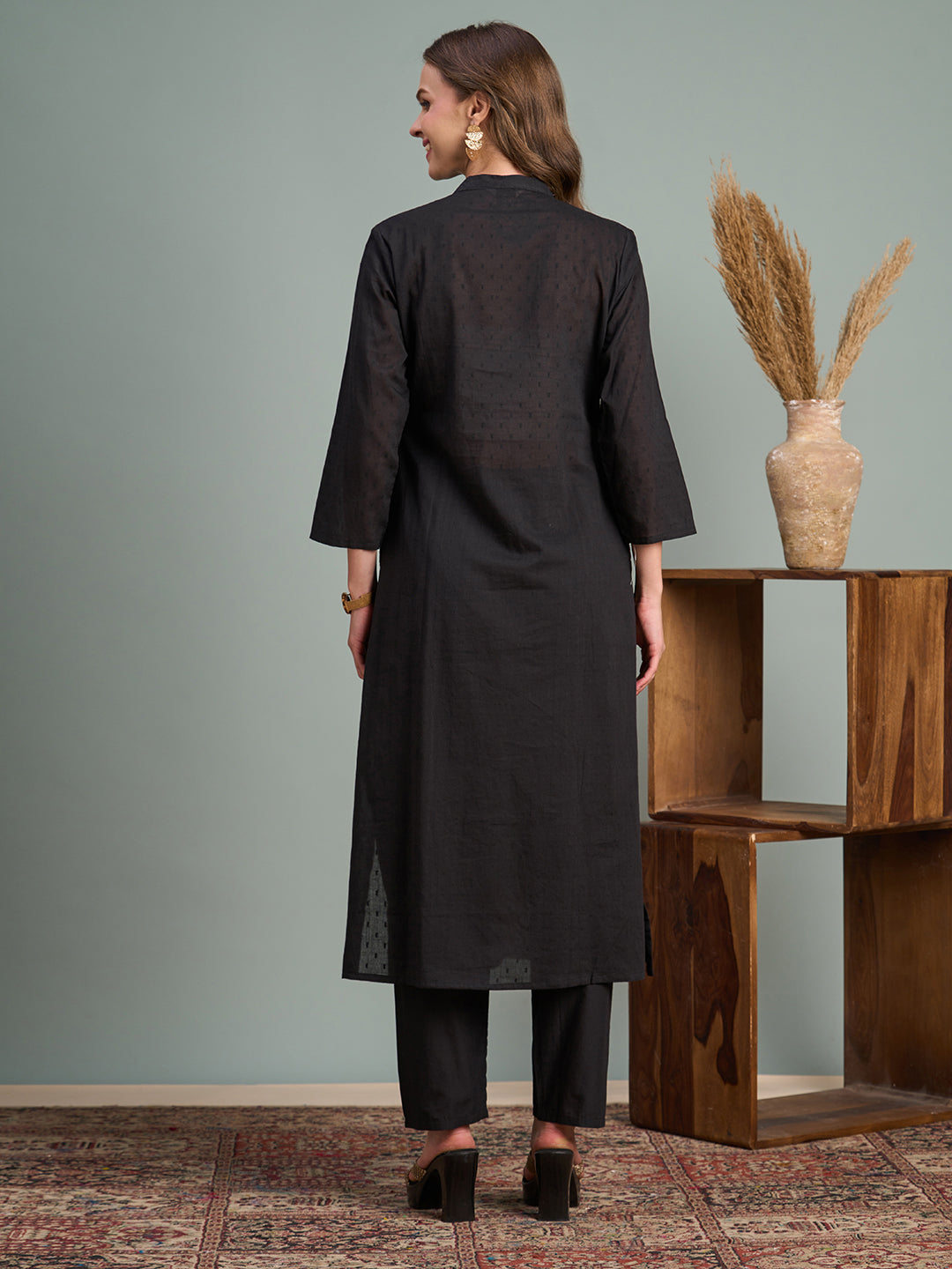 Solid Peacock Embroidered A-Line Flared Kurta with Pant - Black