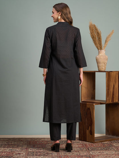 Solid Peacock Embroidered A-Line Flared Kurta with Pant - Black