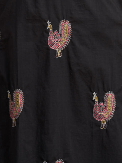 Solid Peacock Embroidered A-Line Flared Kurta with Pant - Black