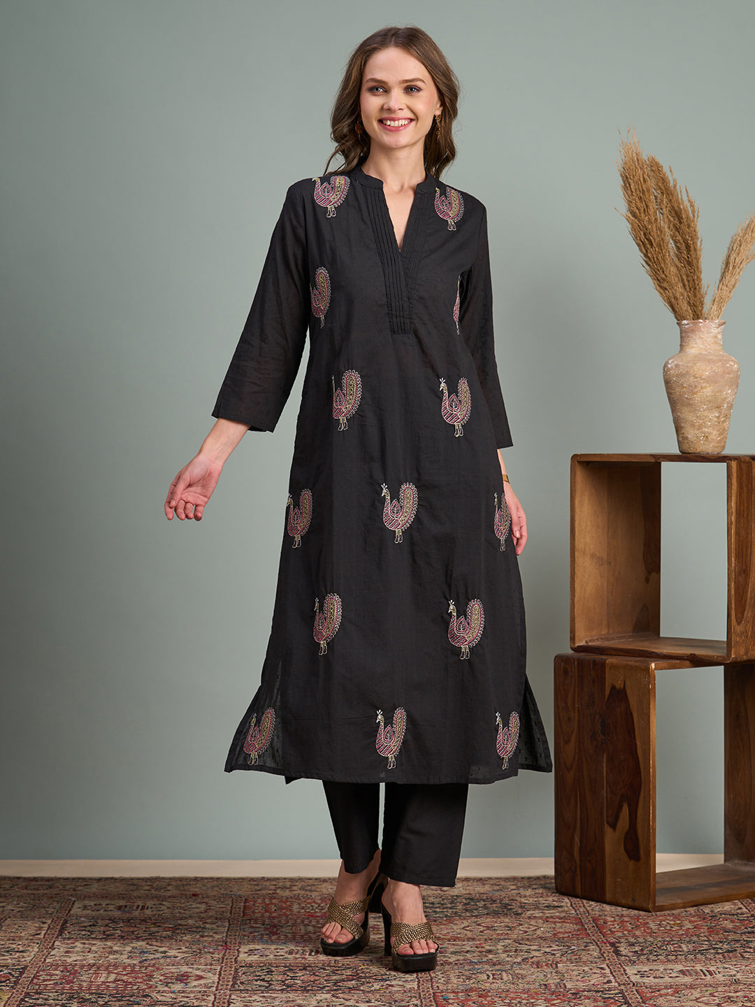 Solid Peacock Embroidered A-Line Flared Kurta with Pant - Black