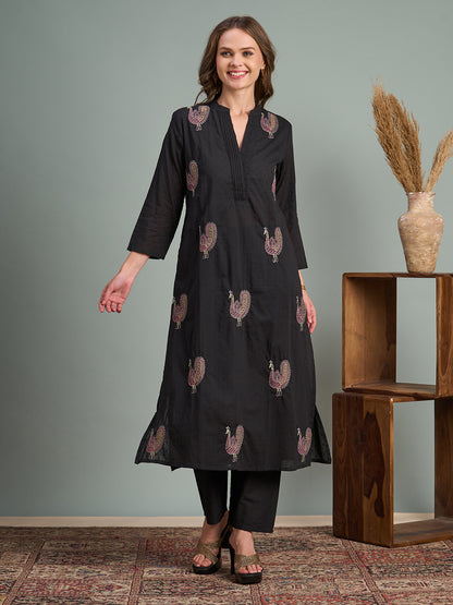 Solid Peacock Embroidered A-Line Flared Kurta with Pant - Black
