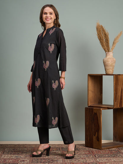 Solid Peacock Embroidered A-Line Flared Kurta with Pant - Black