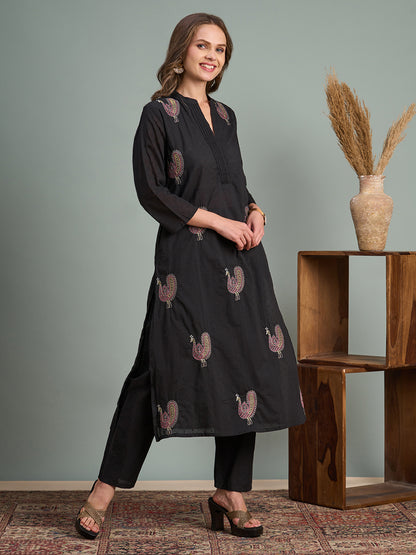 Solid Peacock Embroidered A-Line Flared Kurta with Pant - Black