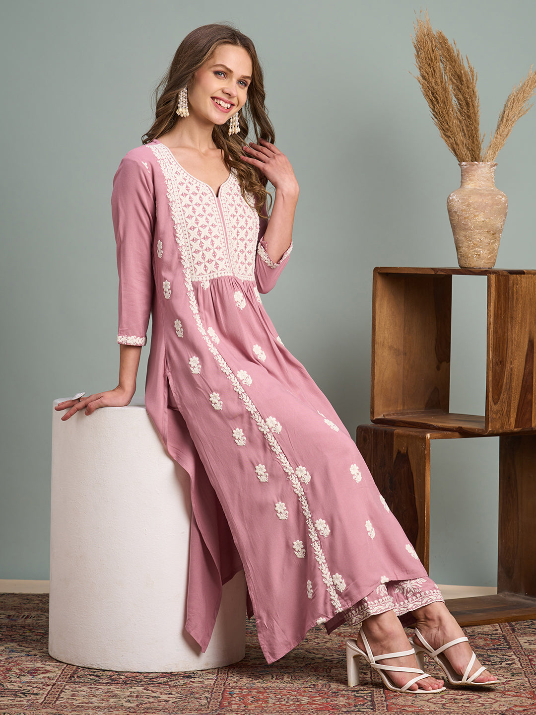 Chikankari Embroidered A-Line Paneled Kurta with Pant - Pink