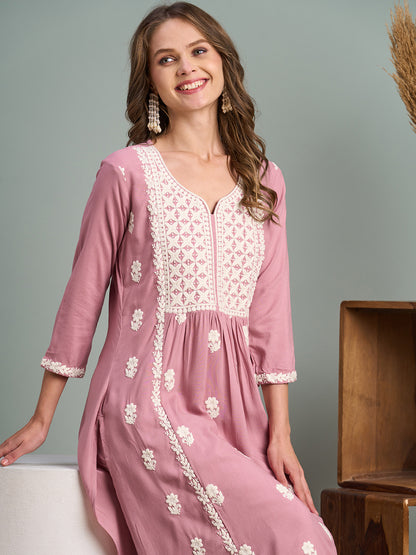 Chikankari Embroidered A-Line Paneled Kurta with Pant - Pink