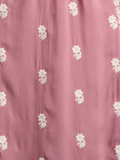Chikankari Embroidered A-Line Paneled Kurta with Pant - Pink