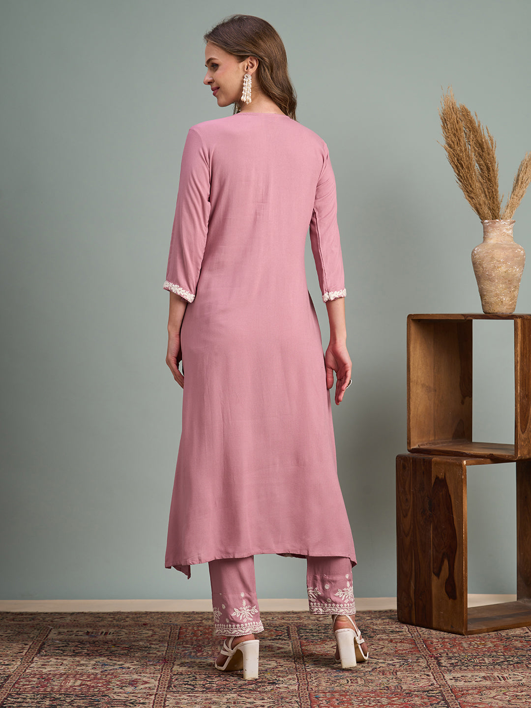 Chikankari Embroidered A-Line Paneled Kurta with Pant - Pink