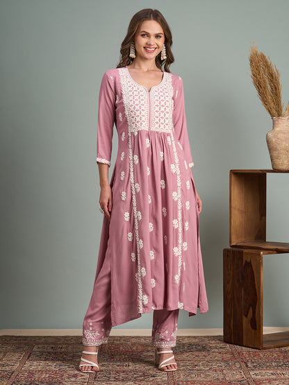 Chikankari Embroidered A-Line Paneled Kurta with Pant - Pink