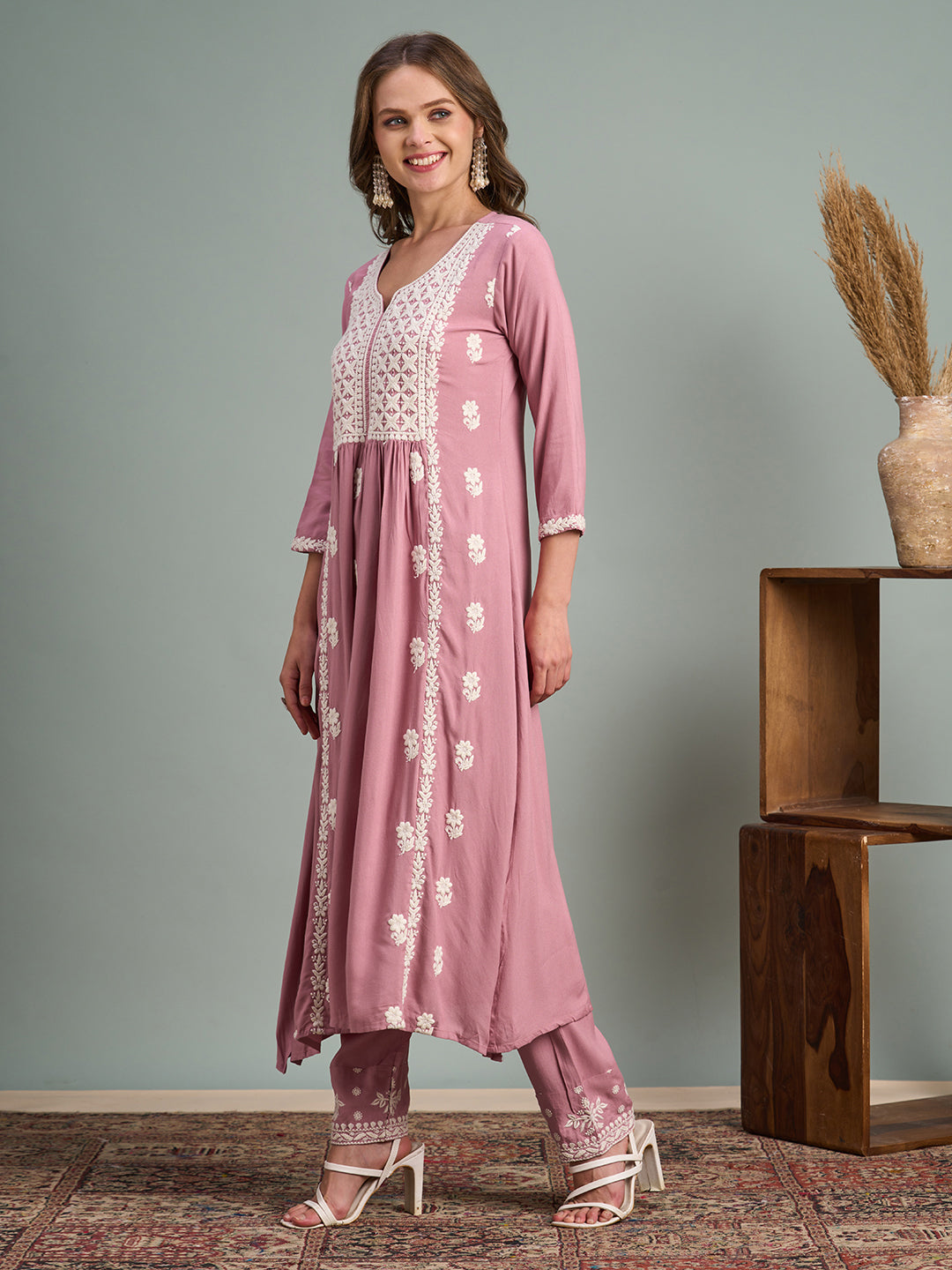 Chikankari Embroidered A-Line Paneled Kurta with Pant - Pink
