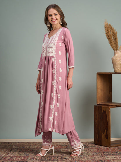Chikankari Embroidered A-Line Paneled Kurta with Pant - Pink
