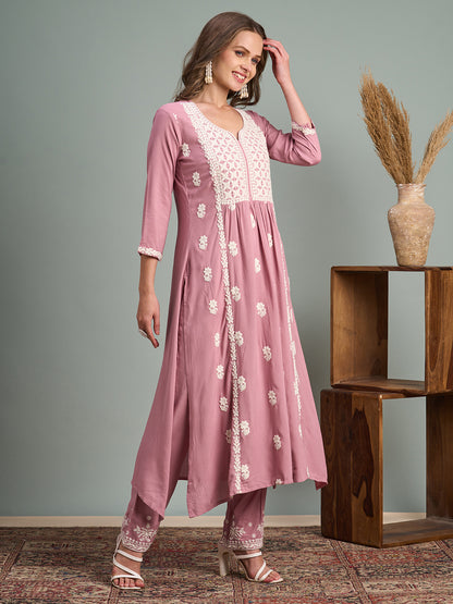 Chikankari Embroidered A-Line Paneled Kurta with Pant - Pink