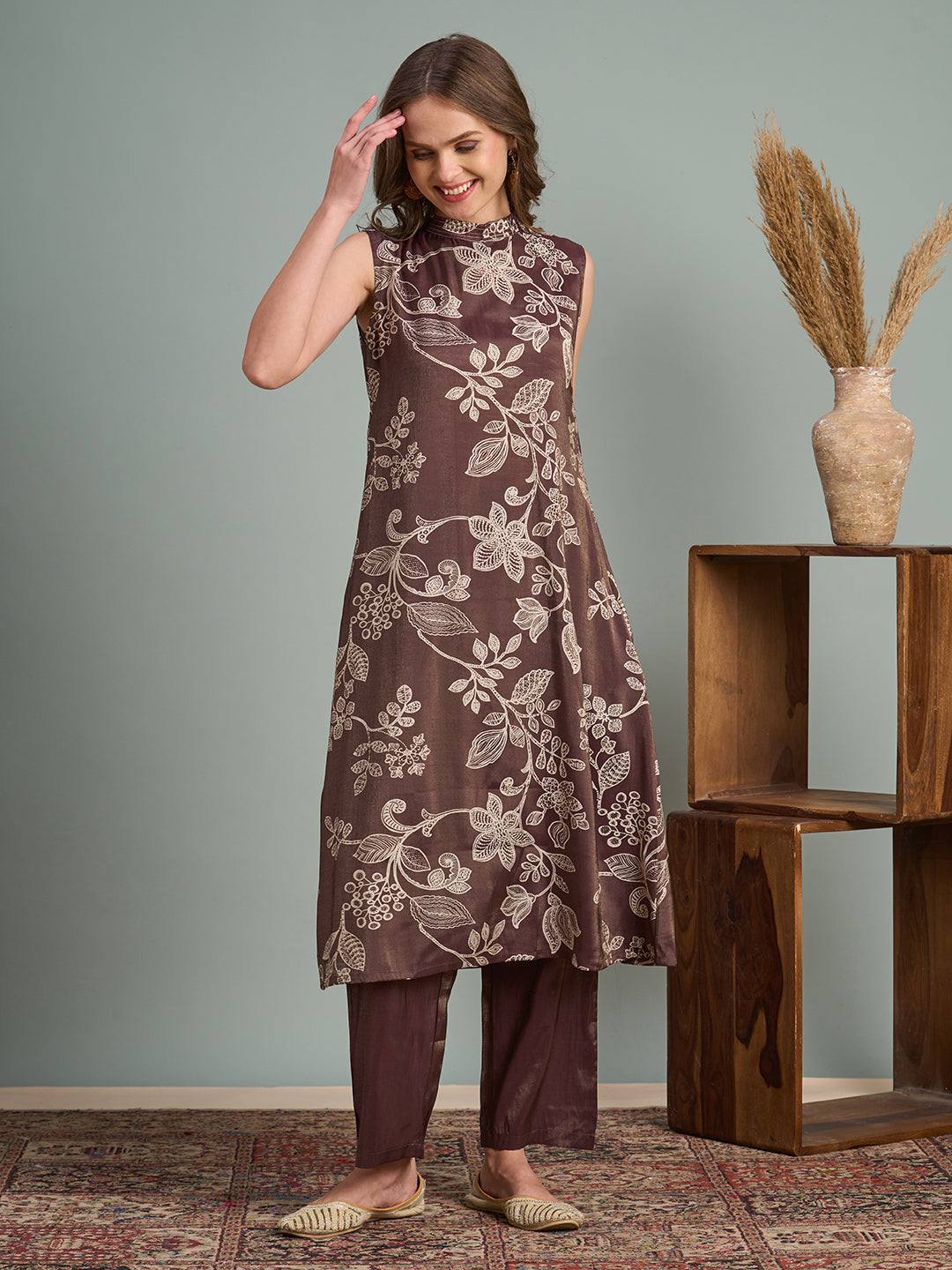 Ethnic Floral Printed A-Line Tissue Kurta with Pant - Brown