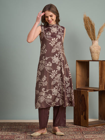 Ethnic Floral Printed A-Line Tissue Kurta with Pant - Brown
