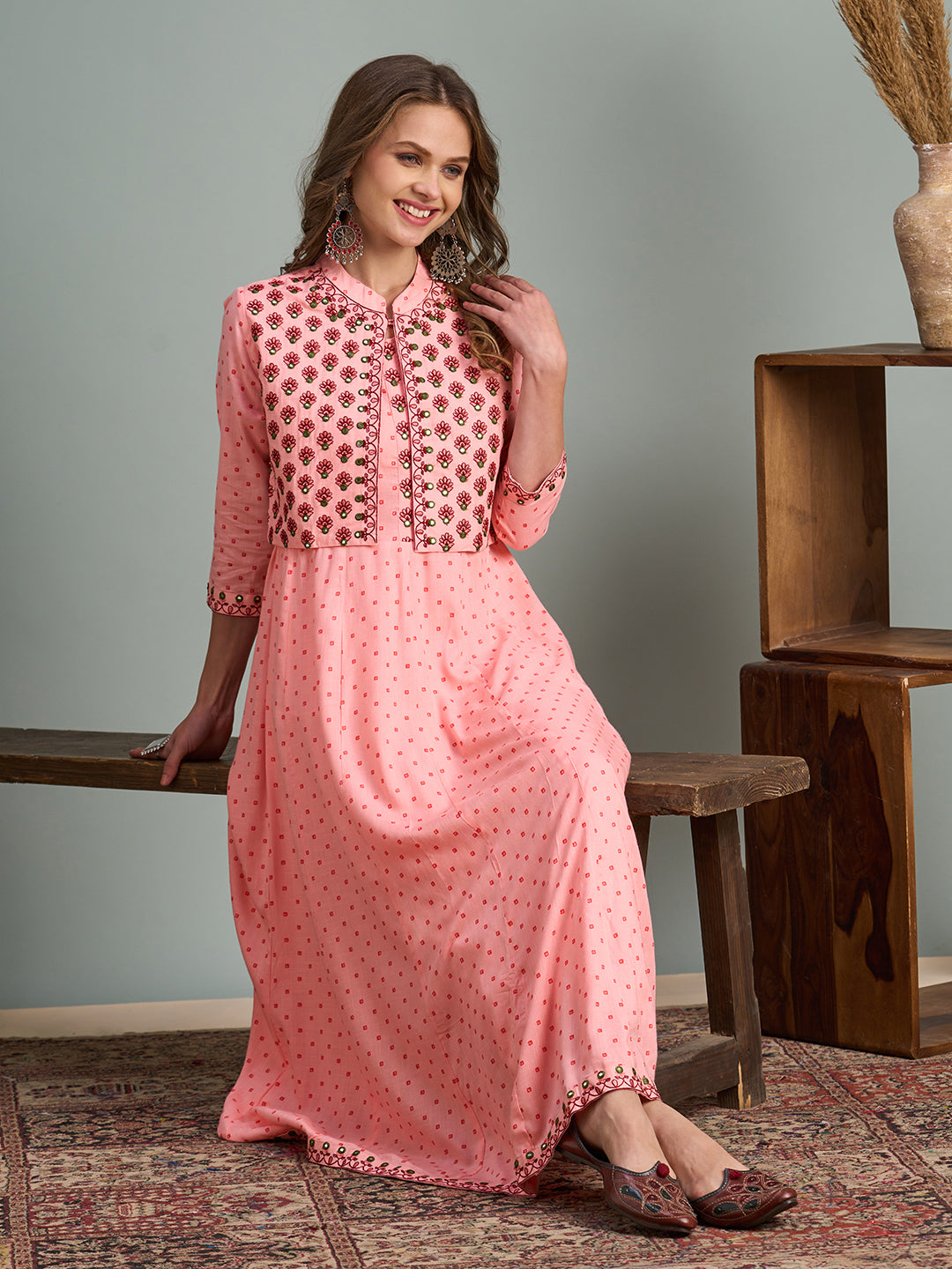 Ethnic Printed Anarkali Flared Kurta with Embroidered Short Jacket and Pant - Peach