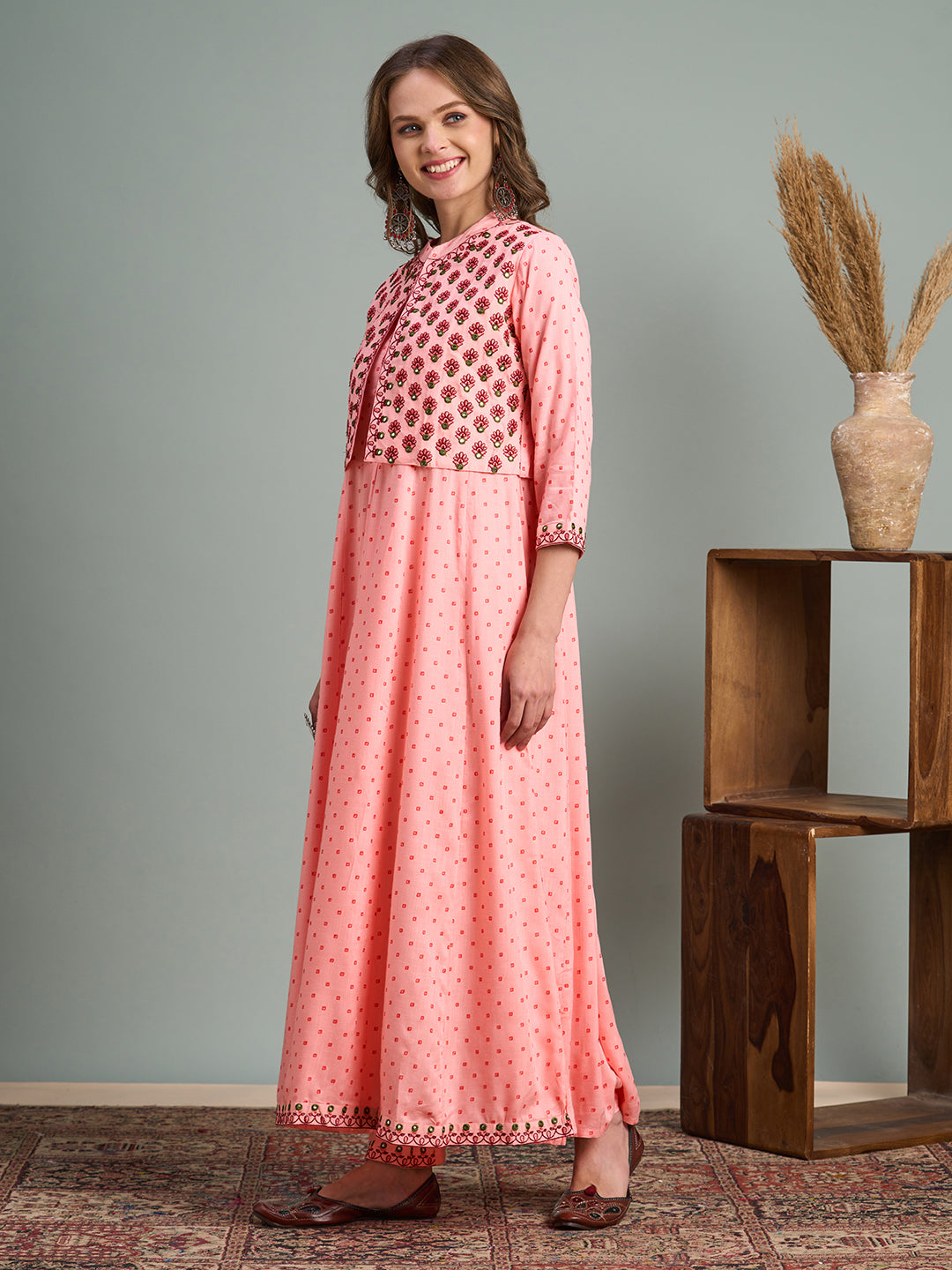Ethnic Printed Anarkali Flared Kurta with Embroidered Short Jacket and Pant - Peach