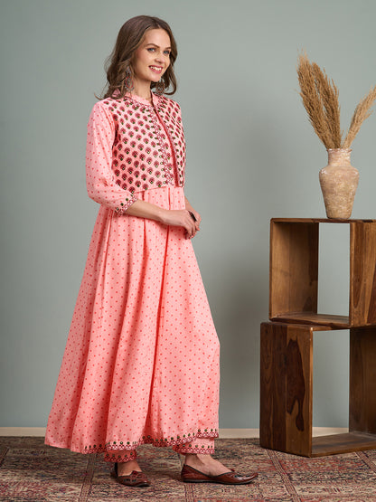 Ethnic Printed Anarkali Flared Kurta with Embroidered Short Jacket and Pant - Peach