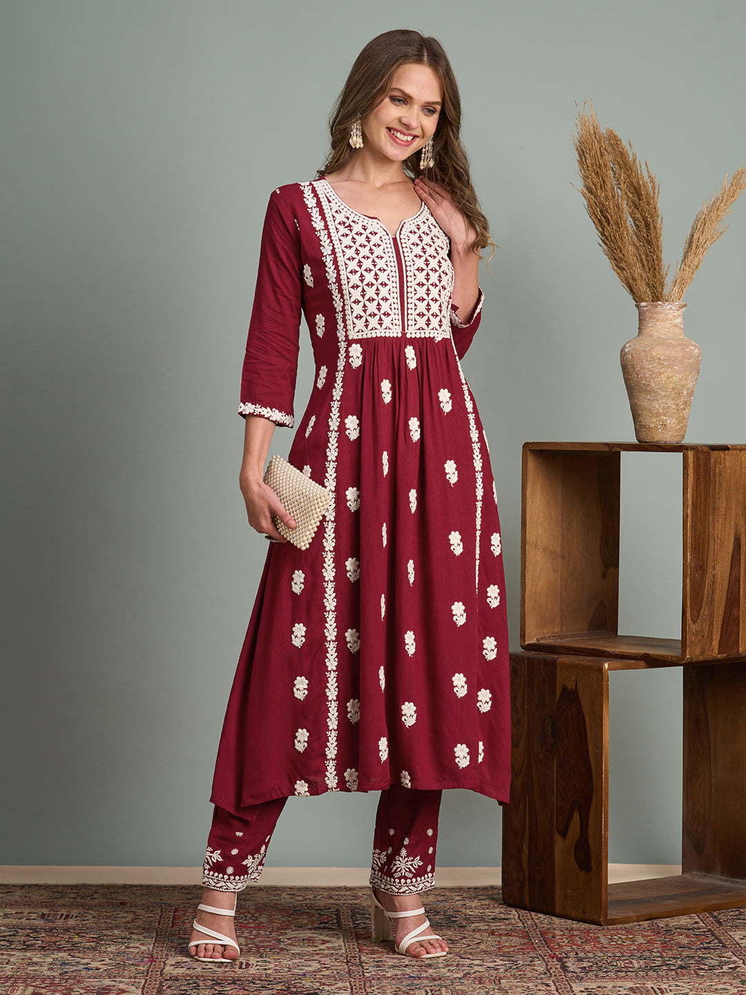 Chikankari Embroidered A-Line Paneled Kurta with Pant - Maroon