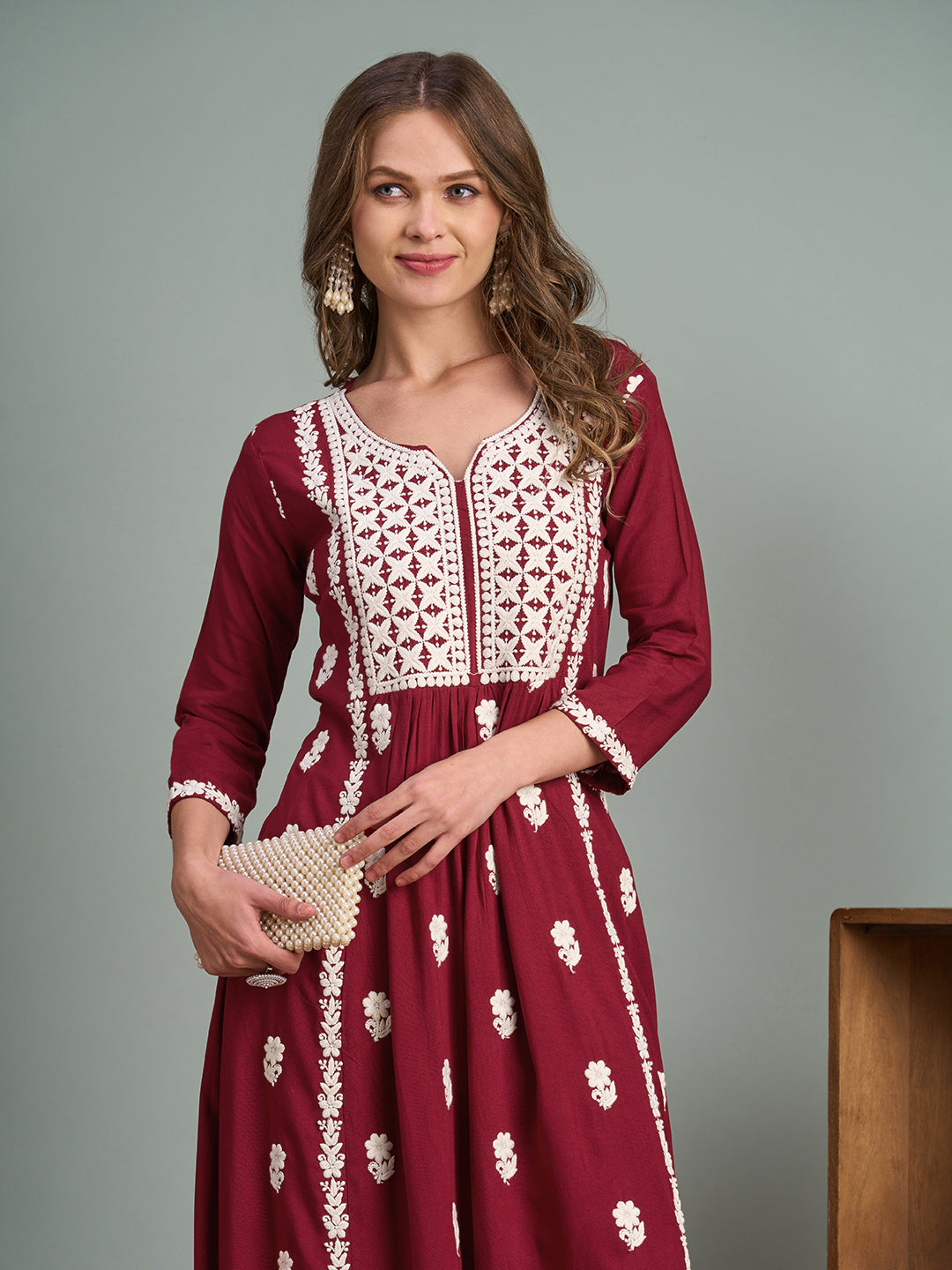 Chikankari Embroidered A-Line Paneled Kurta with Pant - Maroon