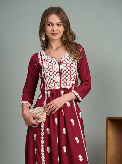Chikankari Embroidered A-Line Paneled Kurta with Pant - Maroon