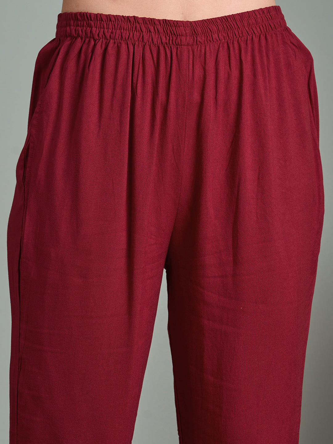 Chikankari Embroidered A-Line Paneled Kurta with Pant - Maroon