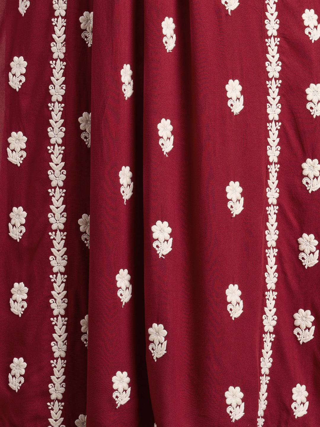 Chikankari Embroidered A-Line Paneled Kurta with Pant - Maroon