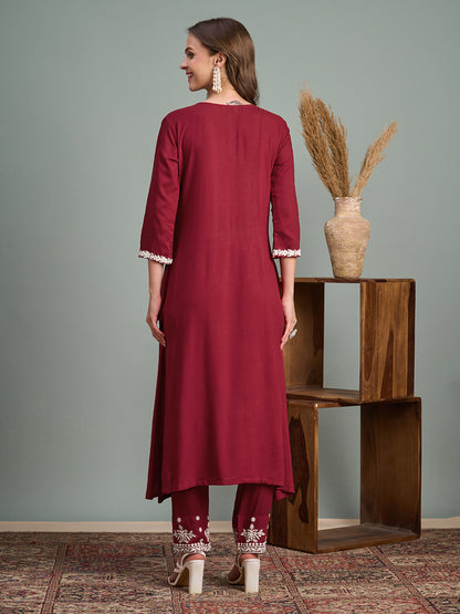 Chikankari Embroidered A-Line Paneled Kurta with Pant - Maroon