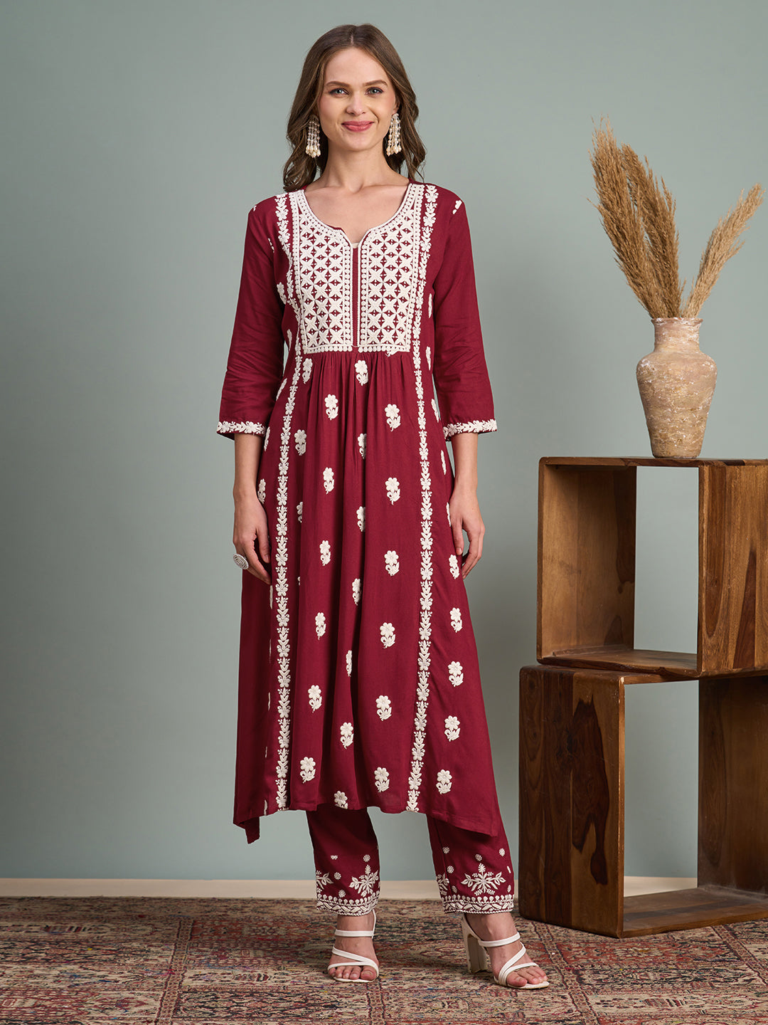 Chikankari Embroidered A-Line Paneled Kurta with Pant - Maroon