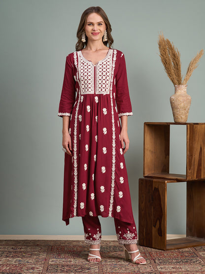 Chikankari Embroidered A-Line Paneled Kurta with Pant - Maroon