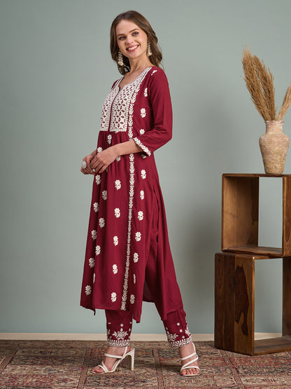 Chikankari Embroidered A-Line Paneled Kurta with Pant - Maroon