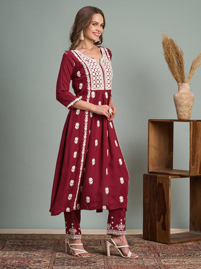 Chikankari Embroidered A-Line Paneled Kurta with Pant - Maroon