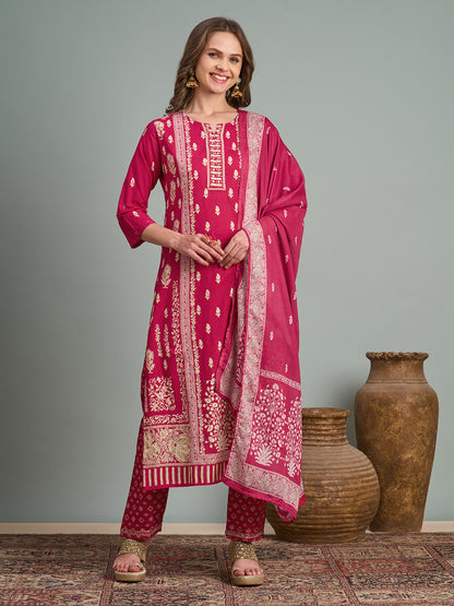 Ethnic Floral Printed Embroidered Straight Fit Kurta with Pant and Dupatta - Rani