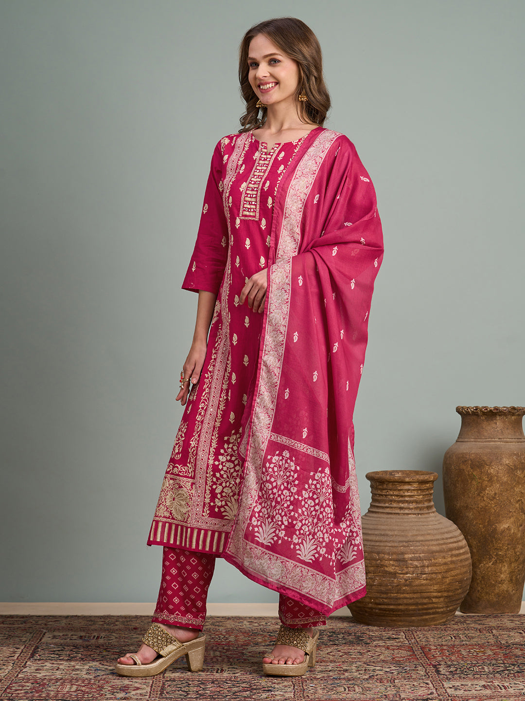 Ethnic Floral Printed Embroidered Straight Fit Kurta with Pant and Dupatta - Rani