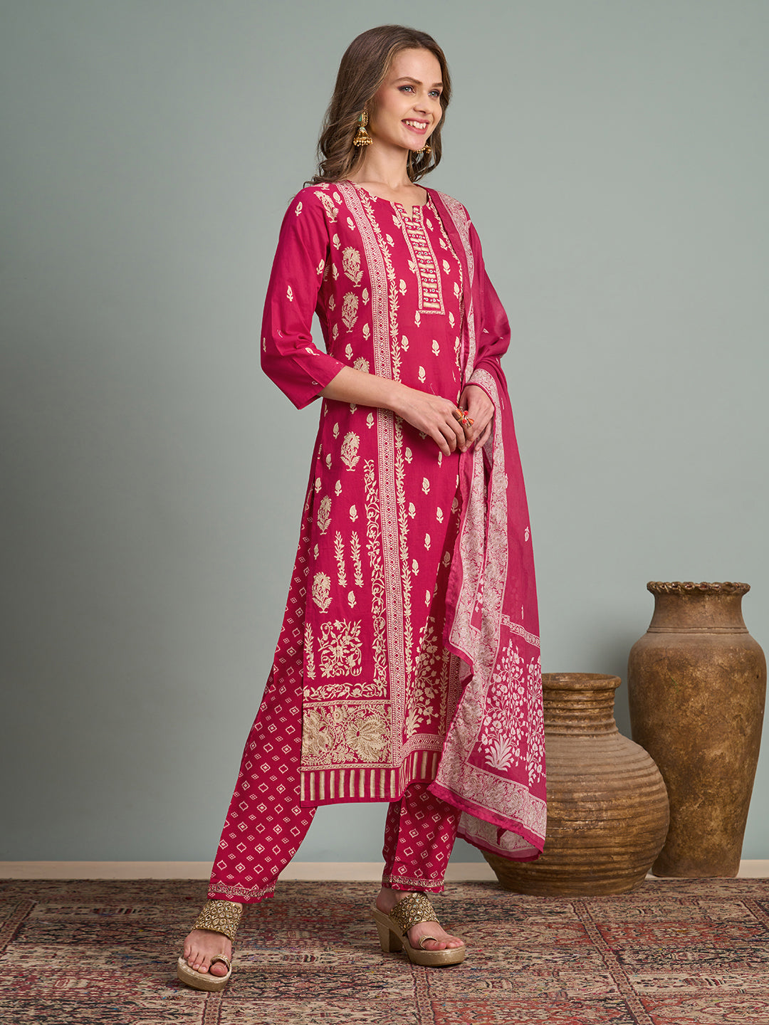 Ethnic Floral Printed Embroidered Straight Fit Kurta with Pant and Dupatta - Rani
