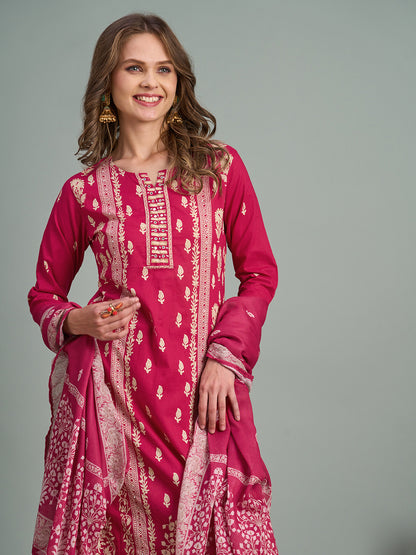 Ethnic Floral Printed Embroidered Straight Fit Kurta with Pant and Dupatta - Rani