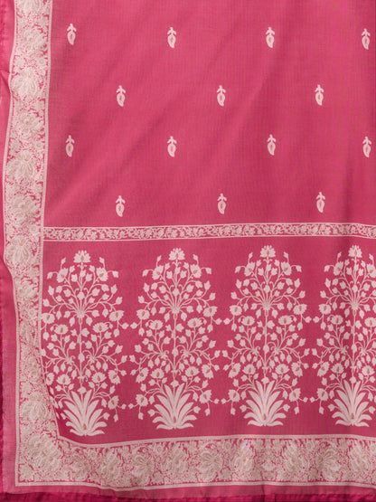 Ethnic Floral Printed Embroidered Straight Fit Kurta with Pant and Dupatta - Rani