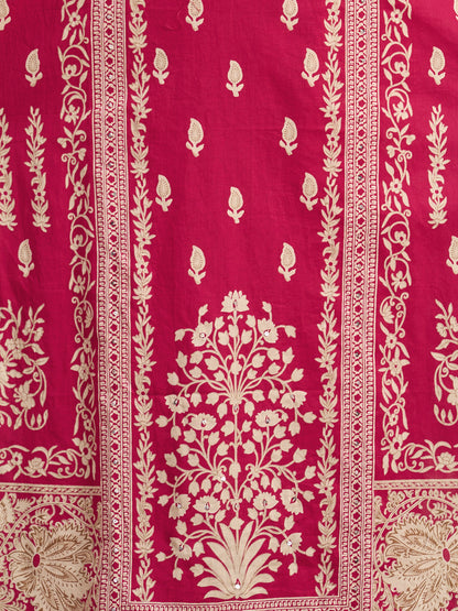Ethnic Floral Printed Embroidered Straight Fit Kurta with Pant and Dupatta - Rani