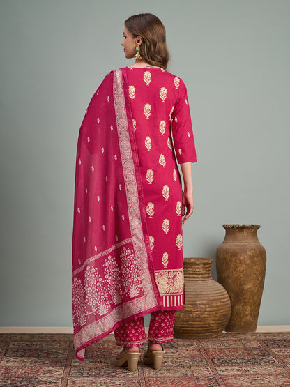 Ethnic Floral Printed Embroidered Straight Fit Kurta with Pant and Dupatta - Rani