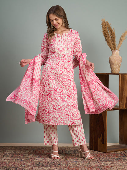 Ethnic Floral Printed Embroidered Straight Fit Kurta with Pant and Dupatta - Pink