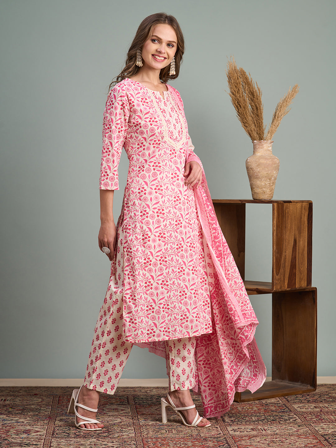 Ethnic Floral Printed Embroidered Straight Fit Kurta with Pant and Dupatta - Pink