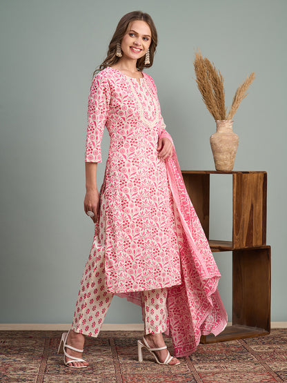 Ethnic Floral Printed Embroidered Straight Fit Kurta with Pant and Dupatta - Pink