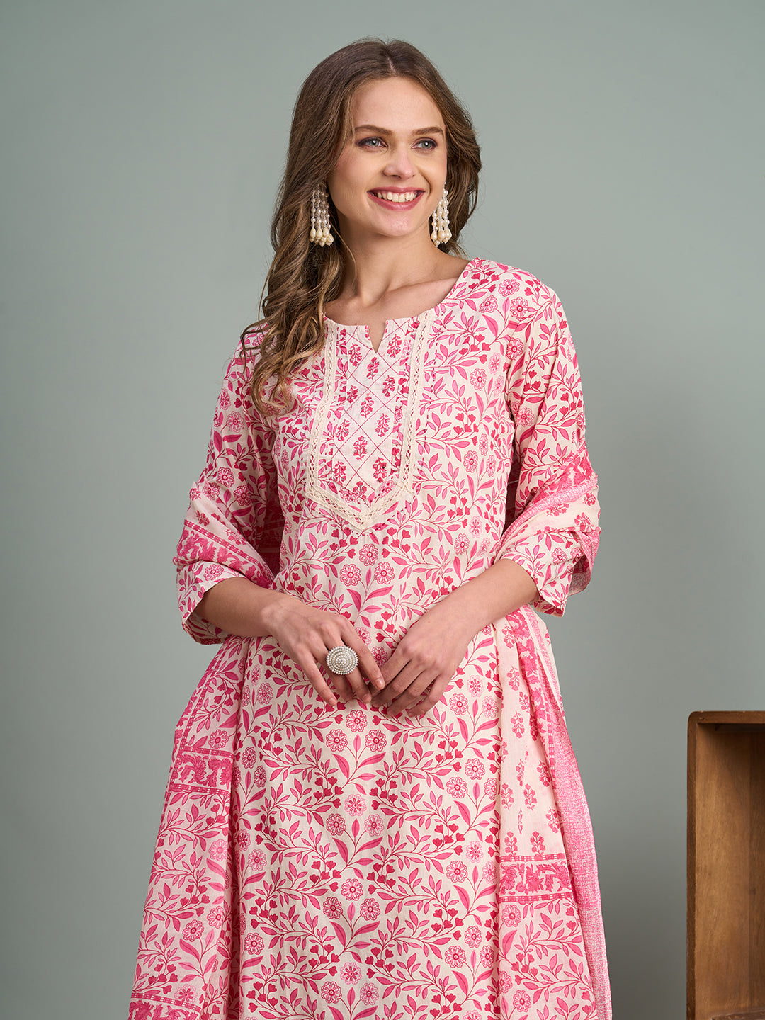 Ethnic Floral Printed Embroidered Straight Fit Kurta with Pant and Dupatta - Pink