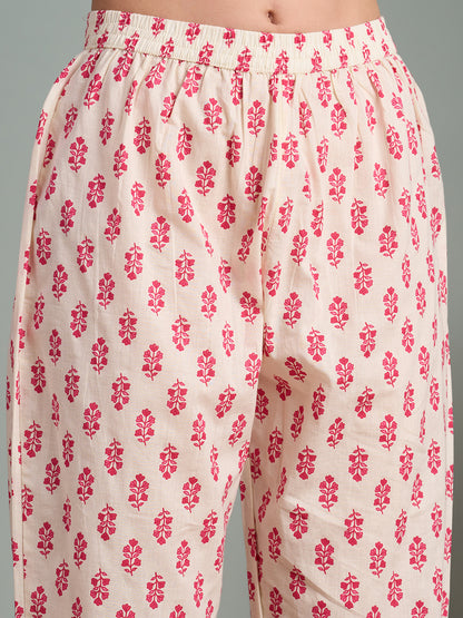 Ethnic Floral Printed Embroidered Straight Fit Kurta with Pant and Dupatta - Pink
